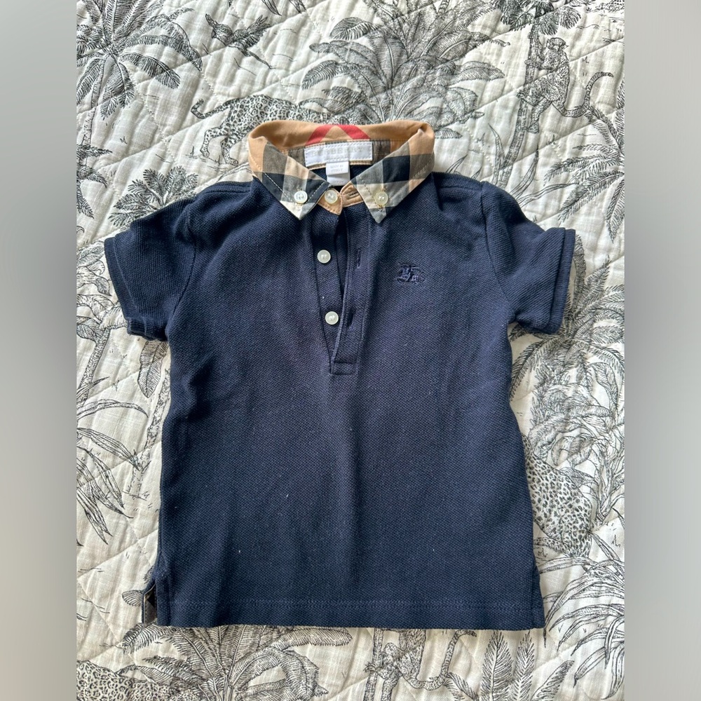 Burberry Check-Collar Short-Sleeved Polo Shirt 12m navy